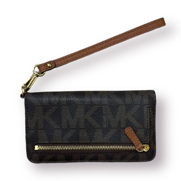 Michael Kors Signature‎ Wallet Jet Set Brown MK Logo Travel Slim Tech Wristlet - Picture 1 of 4